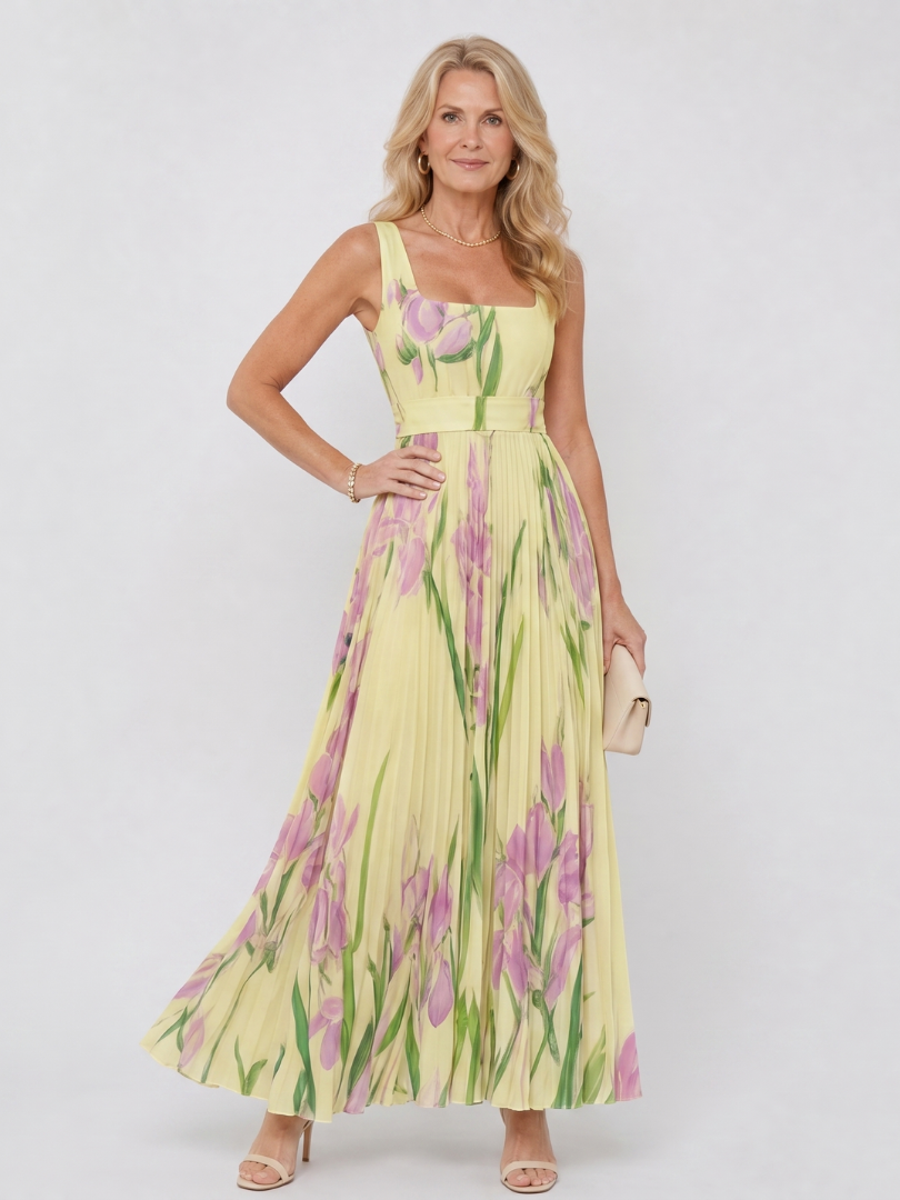 Oriana | Vestito Midi Senza Maniche con Scollo Quadrato e Pieghe - Eleganza e Stile per Ogni Occasione!