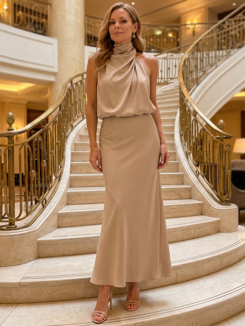 Nopal | Vestito Midi Senza Maniche con Collo Drappeggiato - Eleganza e Stile per Ogni Occasione!