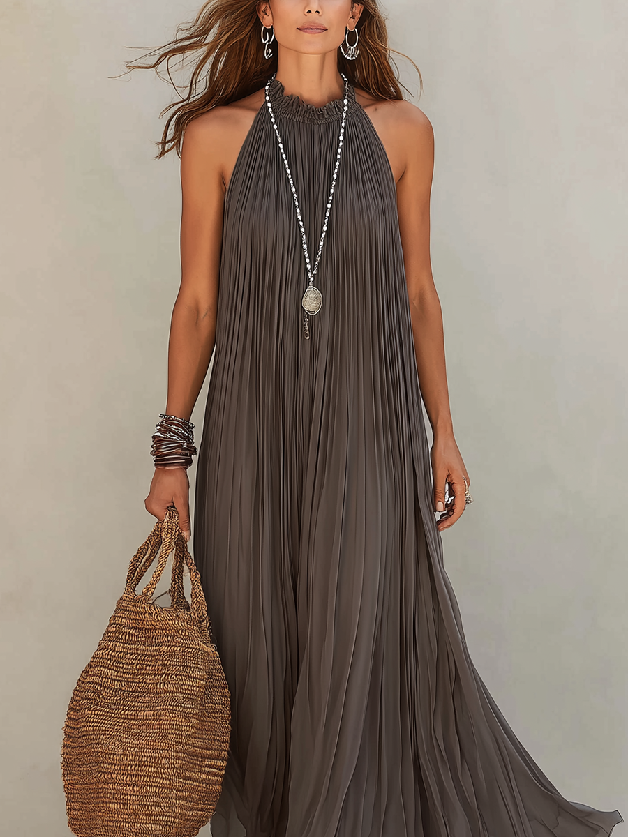 LIRA | Abito Halter Plissé Maxi Grigio - Eleganza e Stile Unici!
