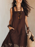 NOEMI | Abito Midi in Lino Boho Ricamato - Eleganza Naturale per Ogni Occasione!