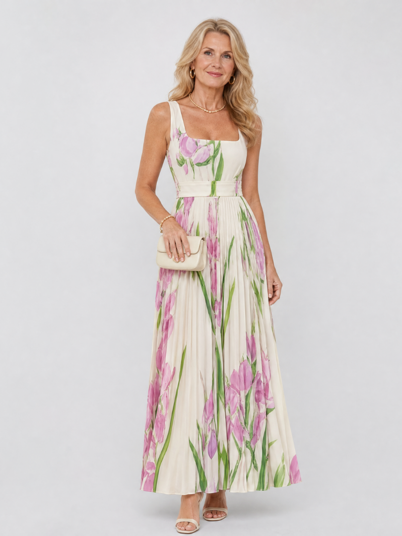 Oriana | Vestito Midi Senza Maniche con Scollo Quadrato e Pieghe - Eleganza e Stile per Ogni Occasione!