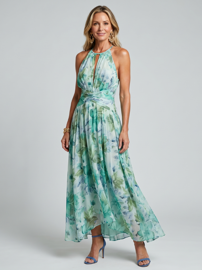 Portia | Abito Midi Halter con Pieghe e Stampa Floreale Elegante