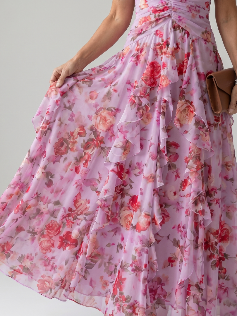 Nori | Abito Maxi Floreale con Scollo All'Americana e Corpetto Arricciato - Stile e Comfort per Ogni Occasione!