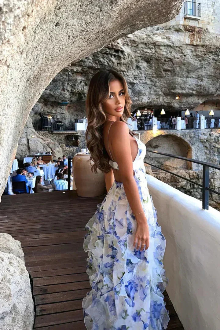 Uri | Abito Midi Floreale con Rouches - Eleganza e Stile per Ogni Occasione!