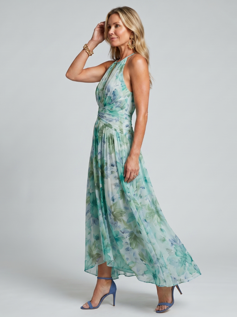 Portia | Abito Midi Halter con Pieghe e Stampa Floreale Elegante