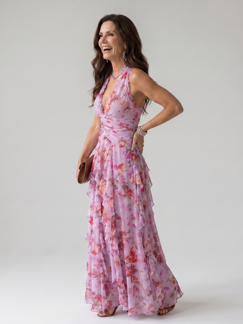 Nori | Abito Maxi Floreale con Scollo All'Americana e Corpetto Arricciato - Stile e Comfort per Ogni Occasione!