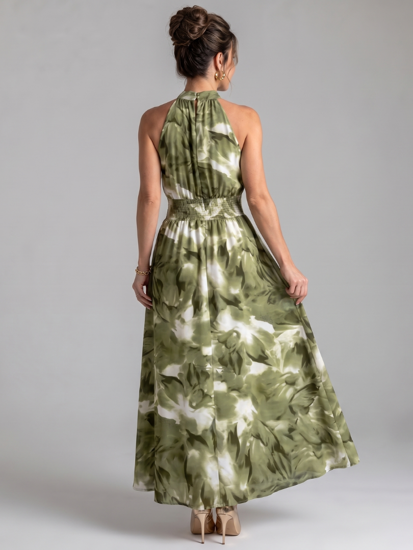 Olivia | Abito Midi con Vita Arricciata e Stampa Astratta - Eleganza Unica per Ogni Occasione!