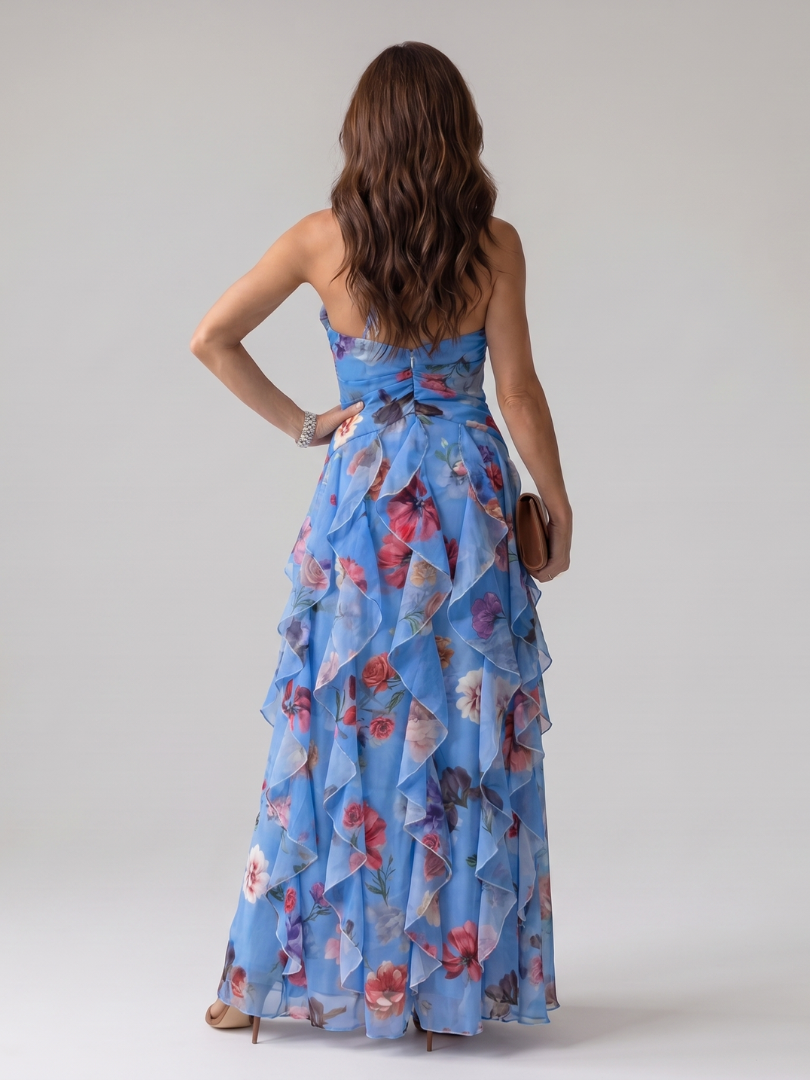Nori | Abito Maxi Floreale con Scollo All'Americana e Corpetto Arricciato - Stile e Comfort per Ogni Occasione!