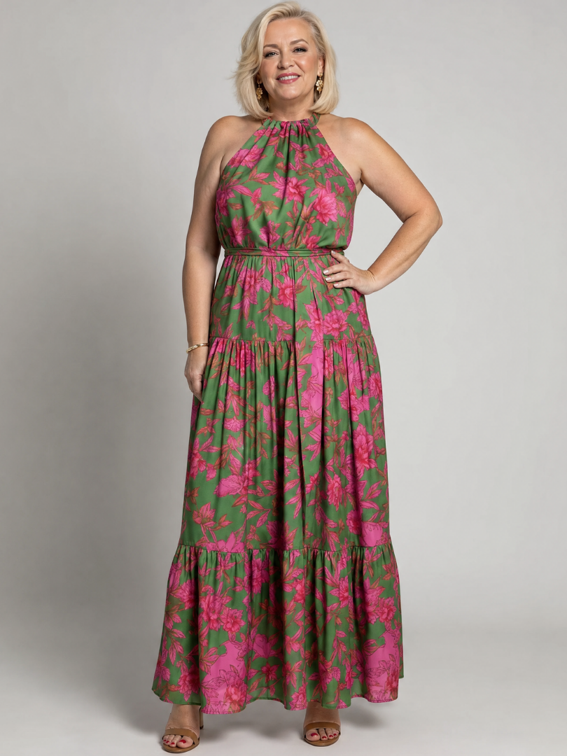Rowen | Abito Midi Drappeggiato con Scollo Halter – Eleganza e Stile Unici!