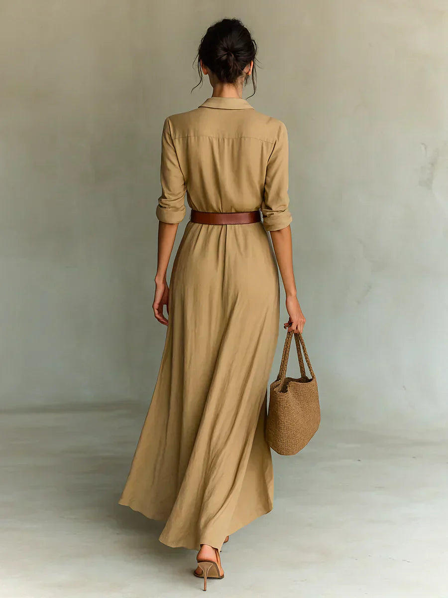 Camille™ | Maxi Abito Elegante con Rever e Cintura in Vita - Stile Unico per Ogni Occasione!