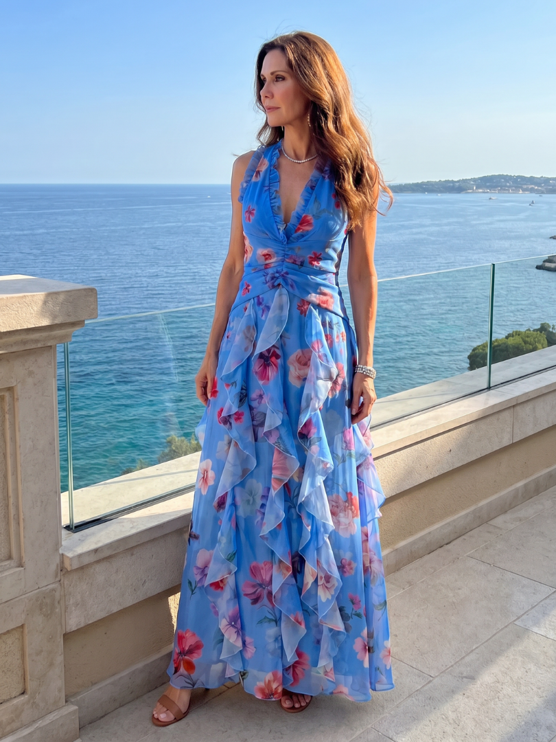 Nori | Abito Maxi Floreale con Scollo All'Americana e Corpetto Arricciato - Stile e Comfort per Ogni Occasione!