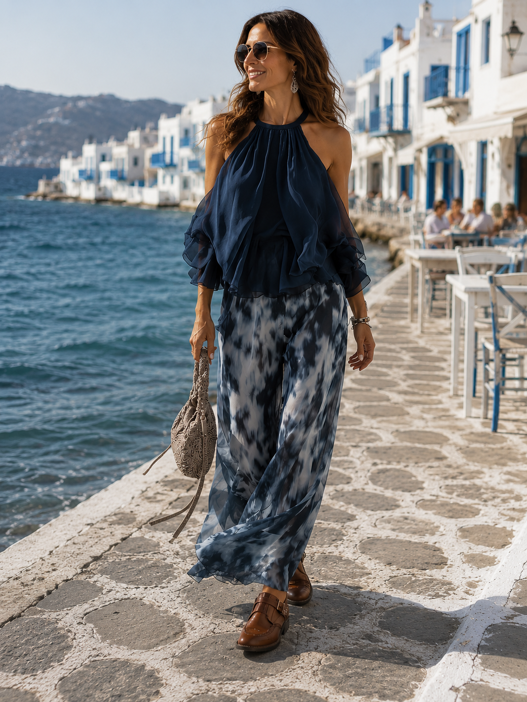 Ludovica | Set Chic in Chiffon con Top a Collo Alto e Pantaloni Larghi Stampati - Eleganza e Comfort