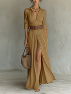 Lana | Abito Maxi Lungo da Donna in Lino con Collo e Maniche Lunghe - Eleganza e Comfort per Ogni Occasione!