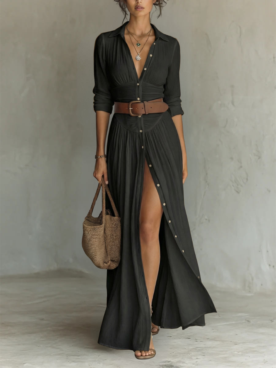 Lana | Abito Maxi Lungo da Donna in Lino con Collo e Maniche Lunghe - Eleganza e Comfort per Ogni Occasione!