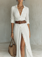Lana | Abito Maxi Lungo da Donna in Lino con Collo e Maniche Lunghe - Eleganza e Comfort per Ogni Occasione!