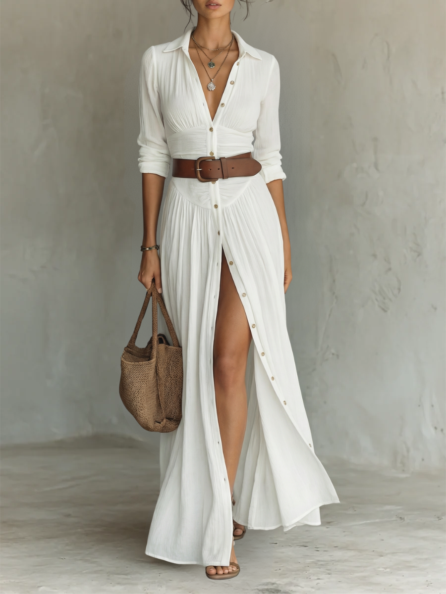 Lana | Abito Maxi Lungo da Donna in Lino con Collo e Maniche Lunghe - Eleganza e Comfort per Ogni Occasione!