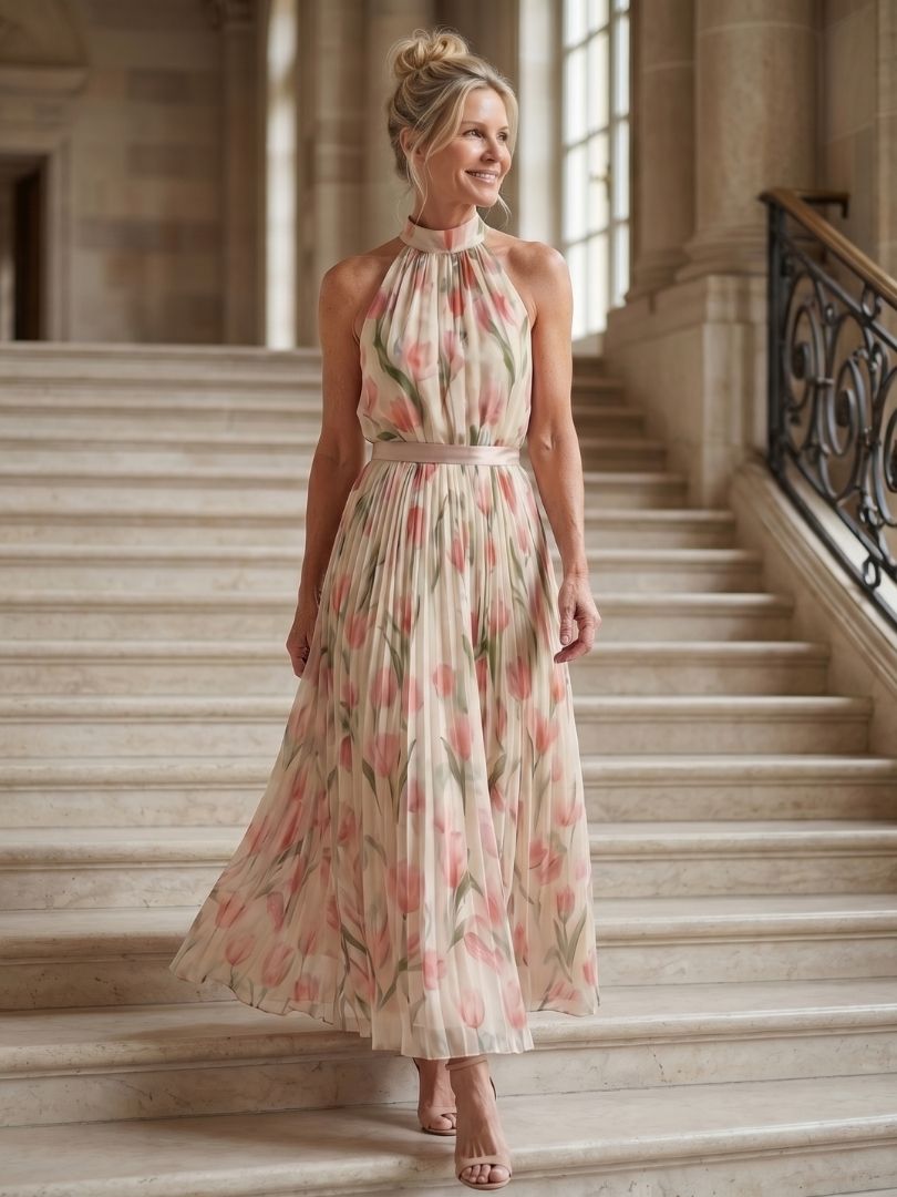 Aurelle | Abito Midi Floreale con Scollo Halter - Eleganza e Stile per Ogni Occasione!