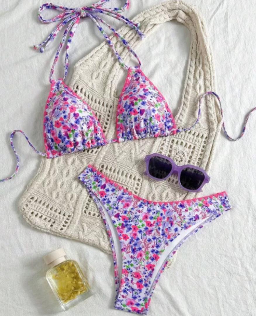 Rita - Bikini con Lacci al Collo in Pizzo Colorato e Vivace