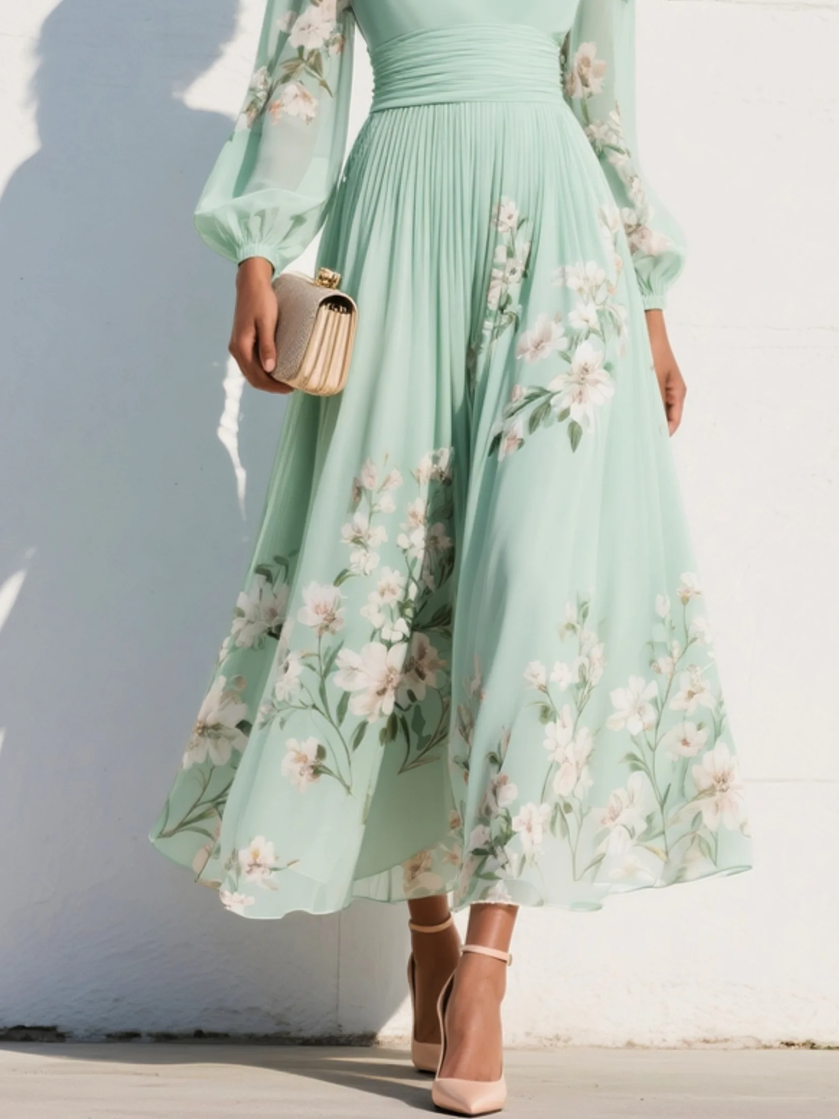 Cisella | Abito Midi Floreale Verde Chiaro - Eleganza Primaverile
