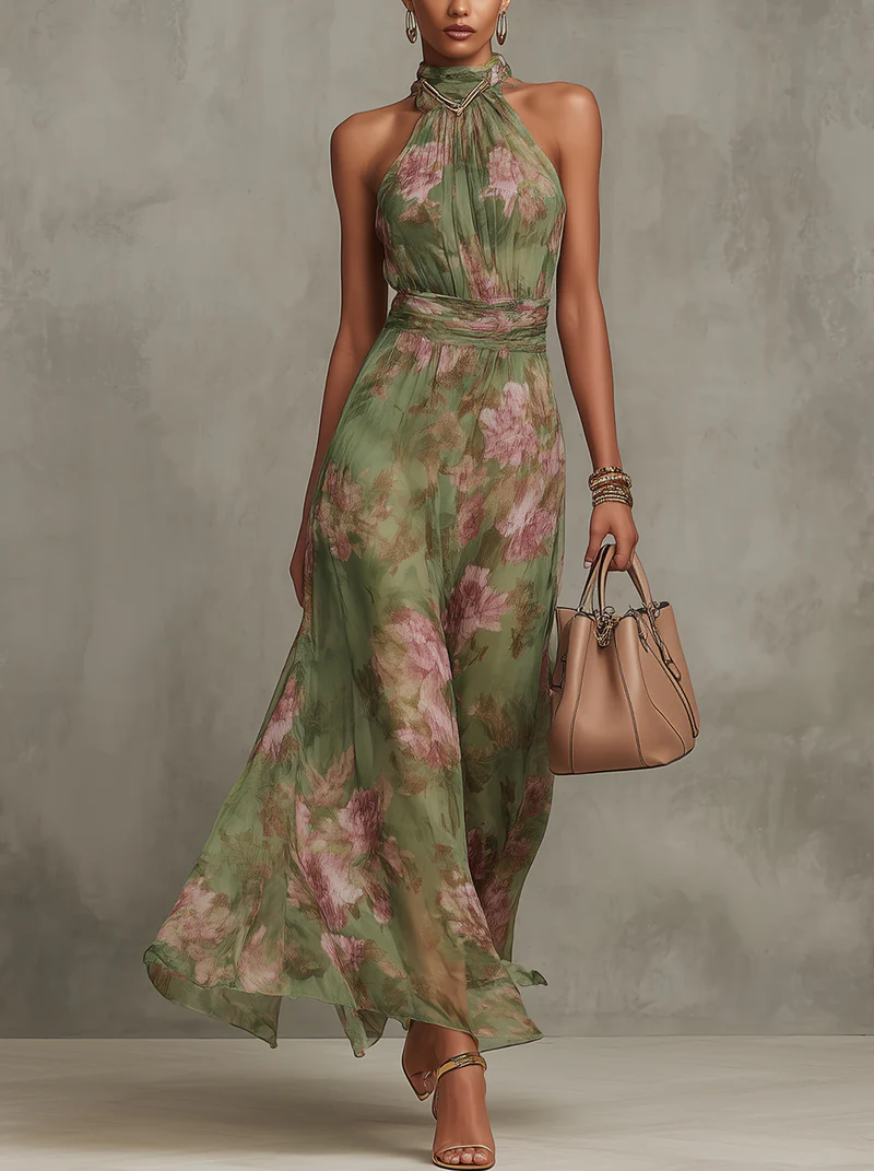 Livia | Maxi Abito Floreale con Scollo Halter - Eleganza Estiva per Ogni Occasione