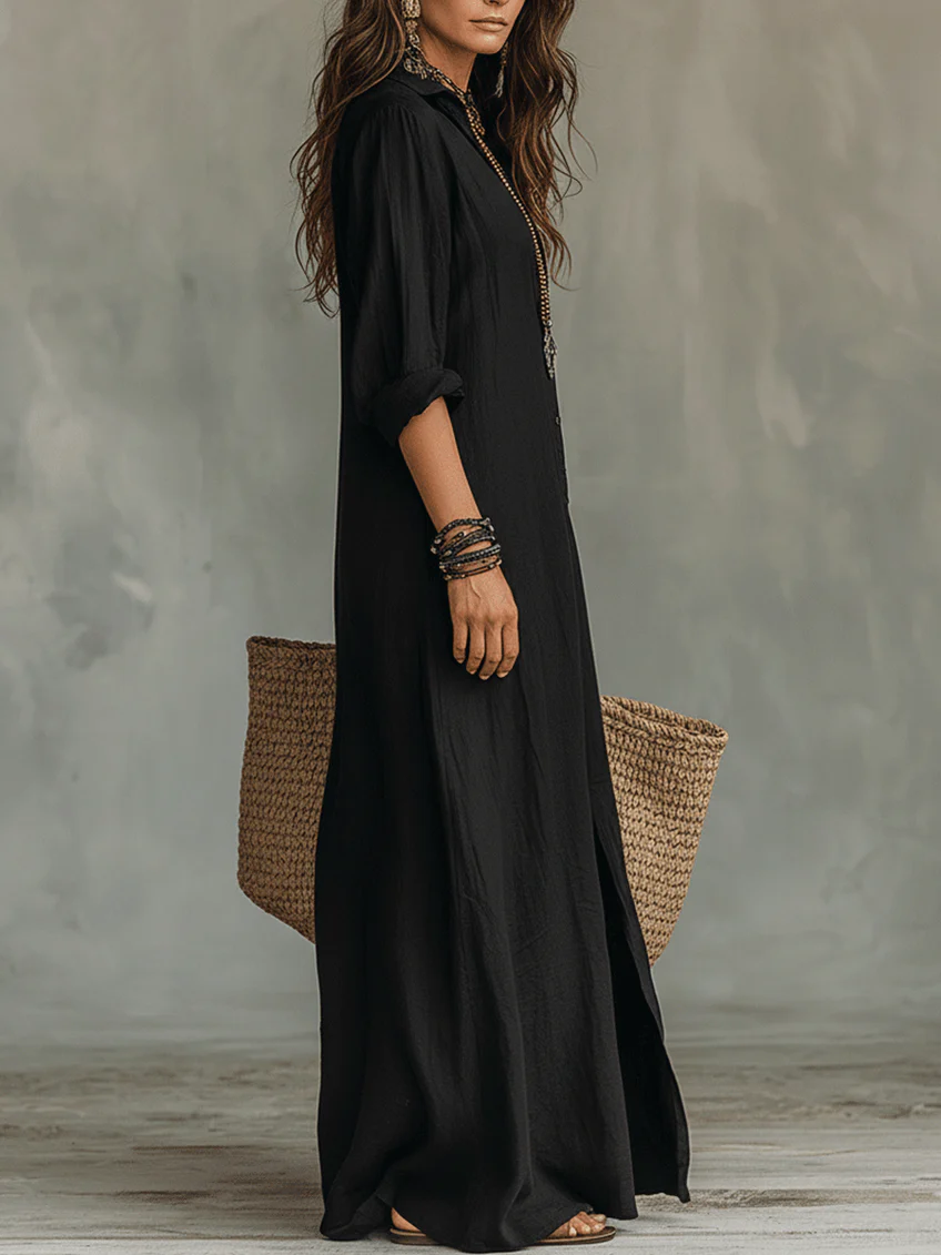 Soline™ | Abito Maxi Nero Lungo con Bottoni - Eleganza Senza Tempo