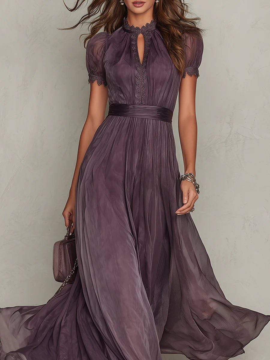 Flavia - Abito Lungo Viola con Scollo a Goccia e Dettagli in Pizzo Chiffon | Eleganza e Stile