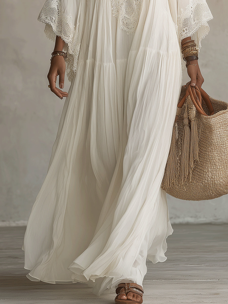 Celeste | Abito Lungo in Chiffon Avorio con Maniche a Pipistrello e Dettagli in Pizzo Bianco - Eleganza Senza Tempo