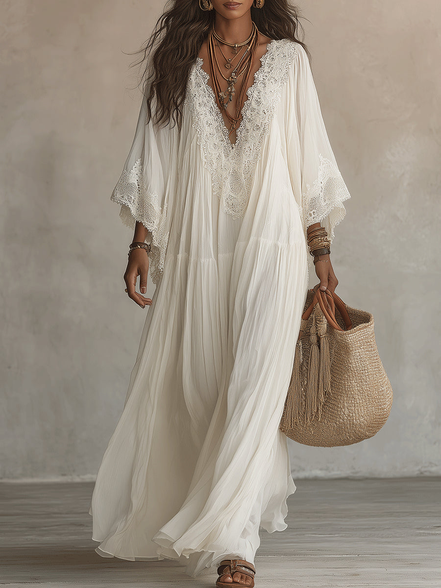 Celeste | Abito Lungo in Chiffon Avorio con Maniche a Pipistrello e Dettagli in Pizzo Bianco - Eleganza Senza Tempo