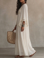 Celeste | Abito Lungo in Chiffon Avorio con Maniche a Pipistrello e Dettagli in Pizzo Bianco - Eleganza Senza Tempo