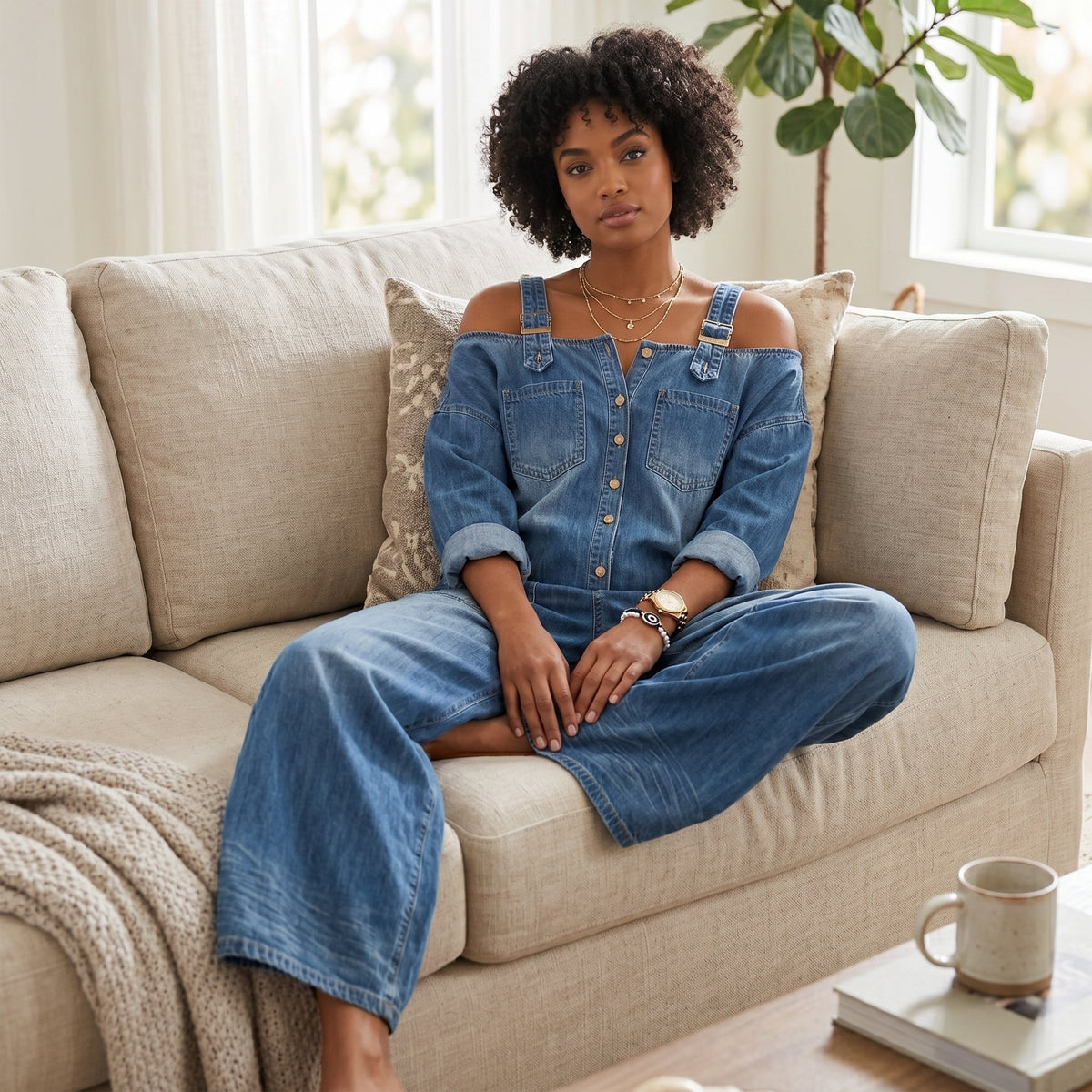 Joana - Tuta Denim alla Moda con Scollatura Asimmetrica