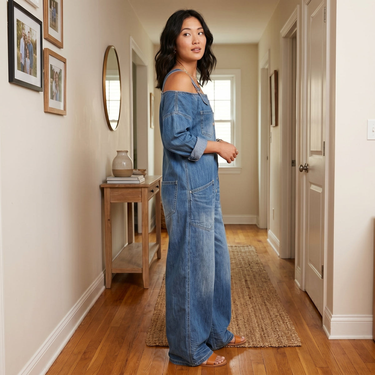 Joana - Tuta Denim alla Moda con Scollatura Asimmetrica