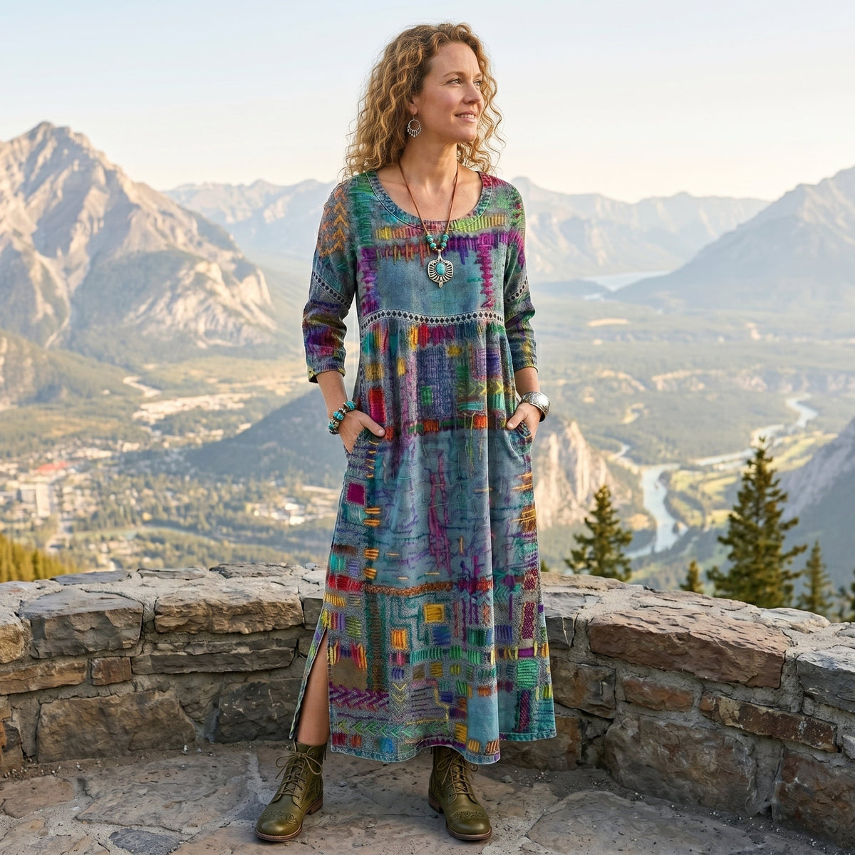 Amélia - Abito Midi con Stampa Astratta: Eleganza Unica per Ogni Occasione!