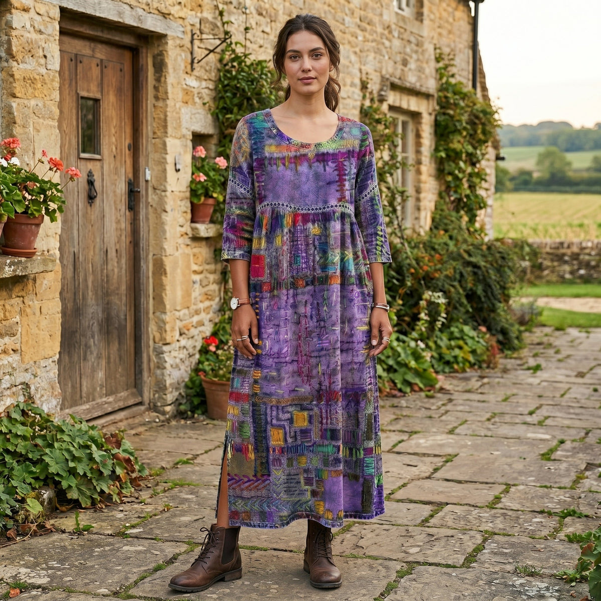 Amélia - Abito Midi con Stampa Astratta: Eleganza Unica per Ogni Occasione!