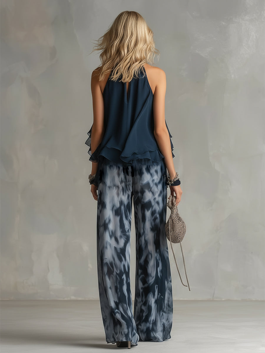 Ludovica | Set Chic in Chiffon con Top a Collo Alto e Pantaloni Larghi Stampati - Eleganza e Comfort