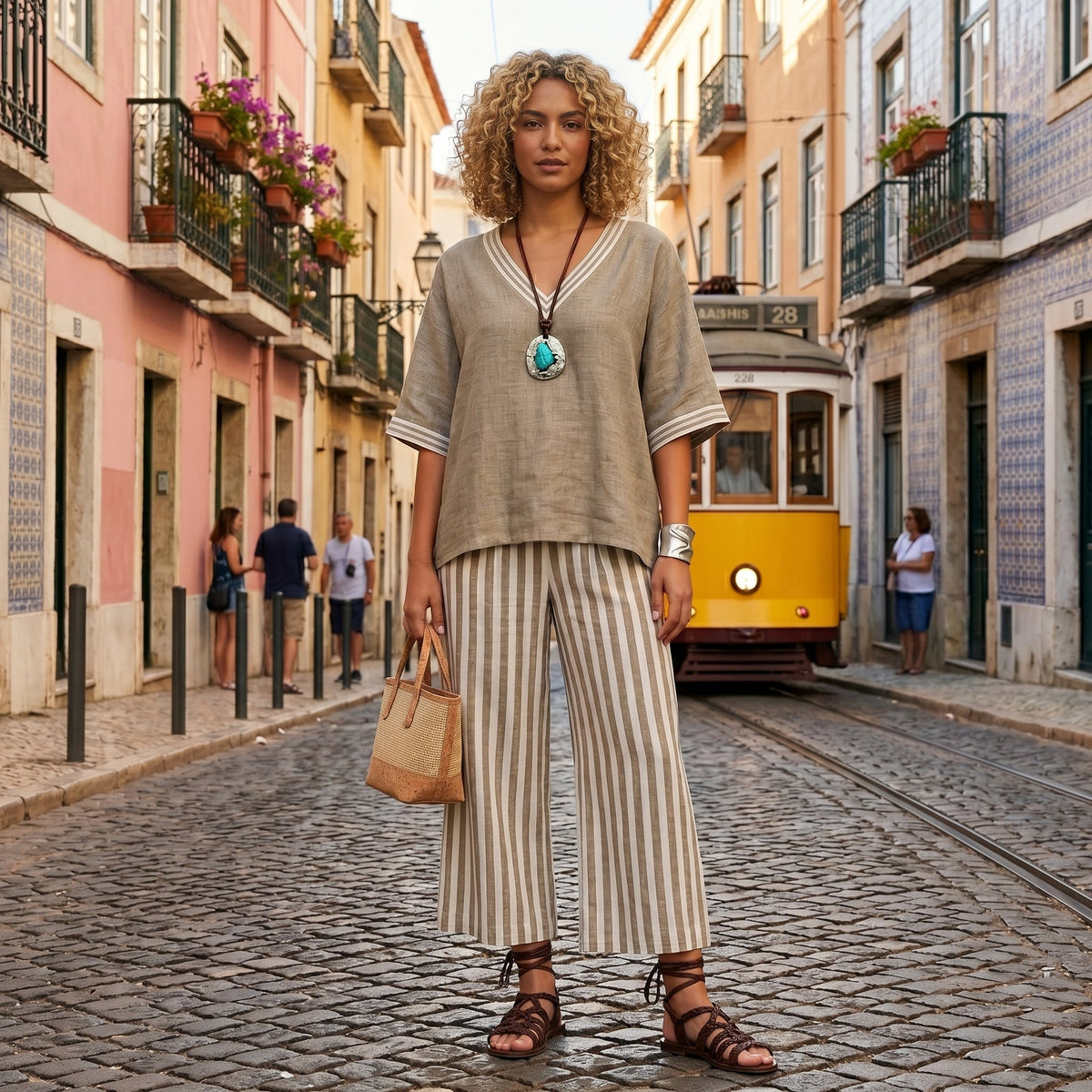 Clara - Completo Elegante in Lino con Tunica e Pantaloni a Righe per un Look Unico