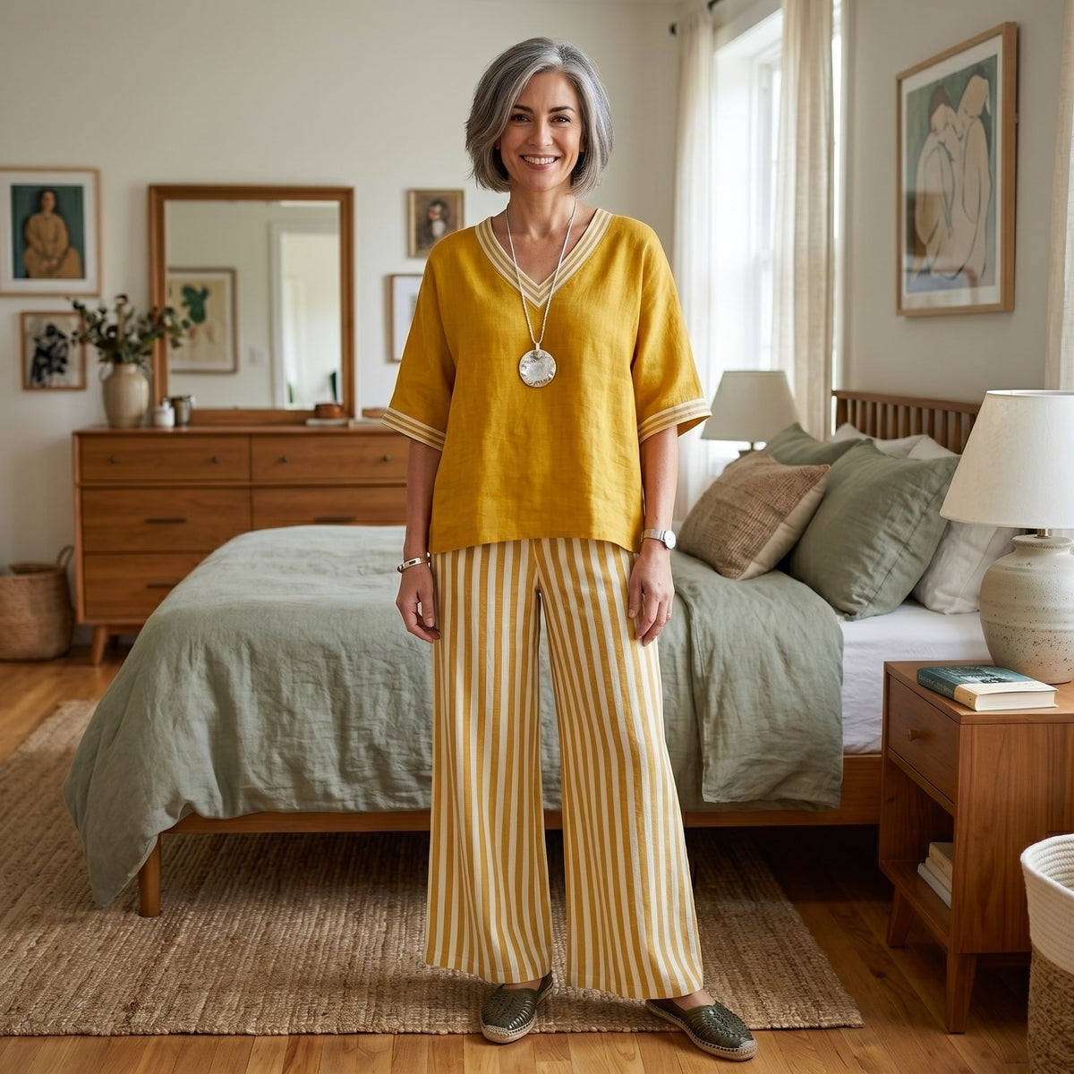 Clara - Completo Elegante in Lino con Tunica e Pantaloni a Righe per un Look Unico