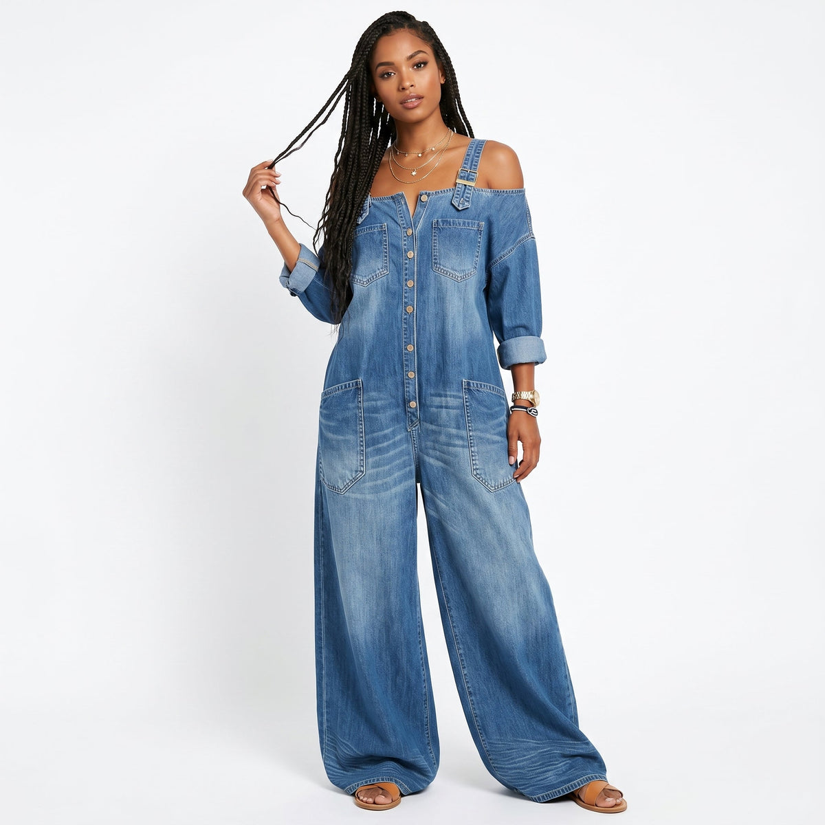 Joana - Tuta Denim alla Moda con Scollatura Asimmetrica