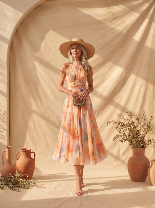 Aurora | Abito Halter con Stampa Acquerello - Eleganza e Stile Unici