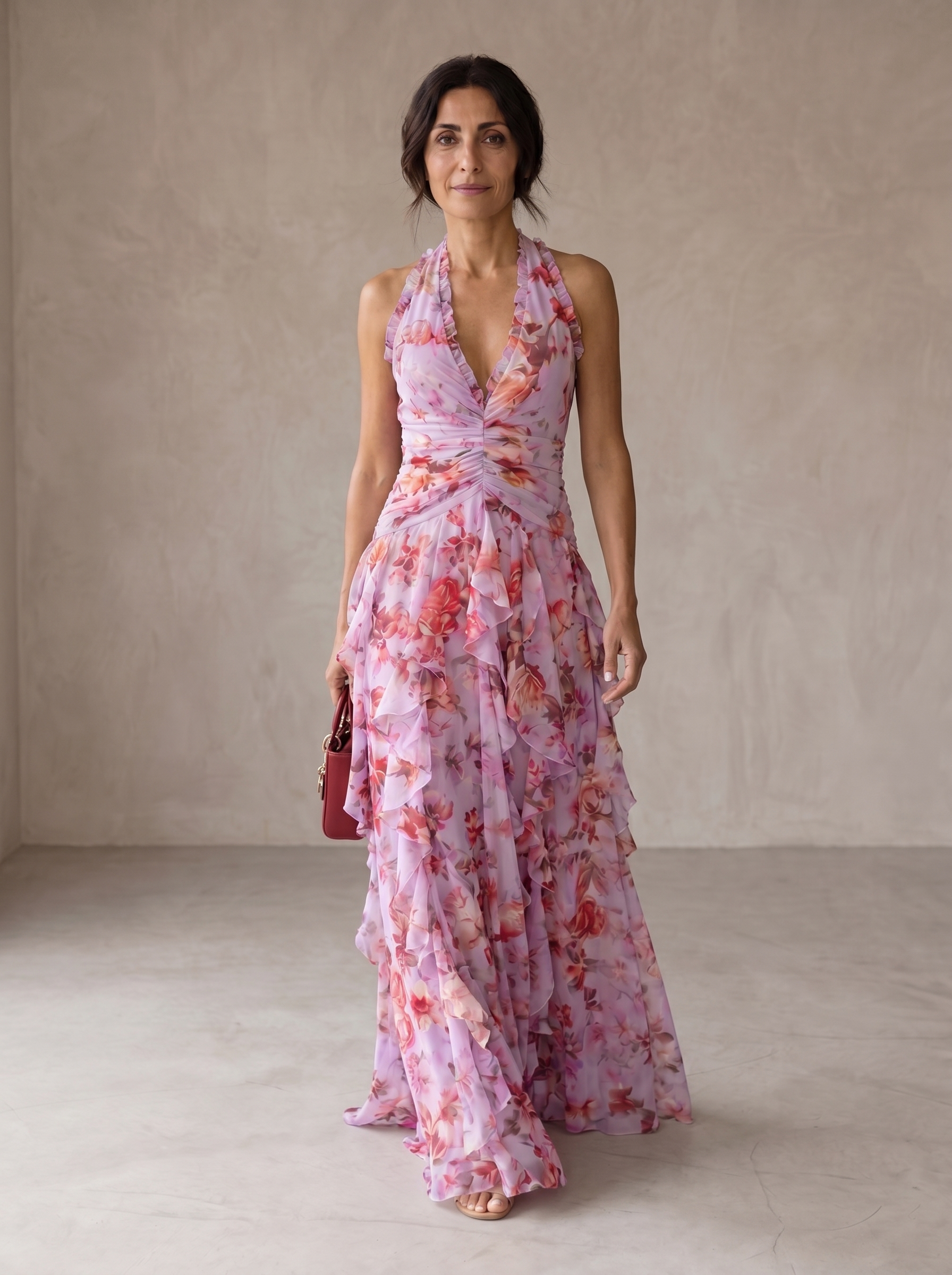 Belladina | Abito Lungo Romantico con Scollo All'Americana e Cascata di Rose
