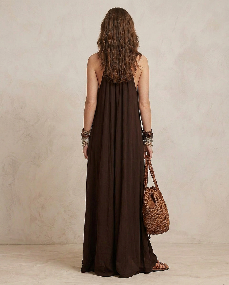 CAMILLA | Maxi Abito Halter in Marrone Scuro - Eleganza senza Tempo