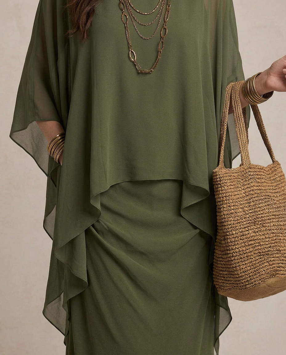 LIA | Maxi Abito Sovrapposto Verde Oliva - Eleganza e Stile Unici!