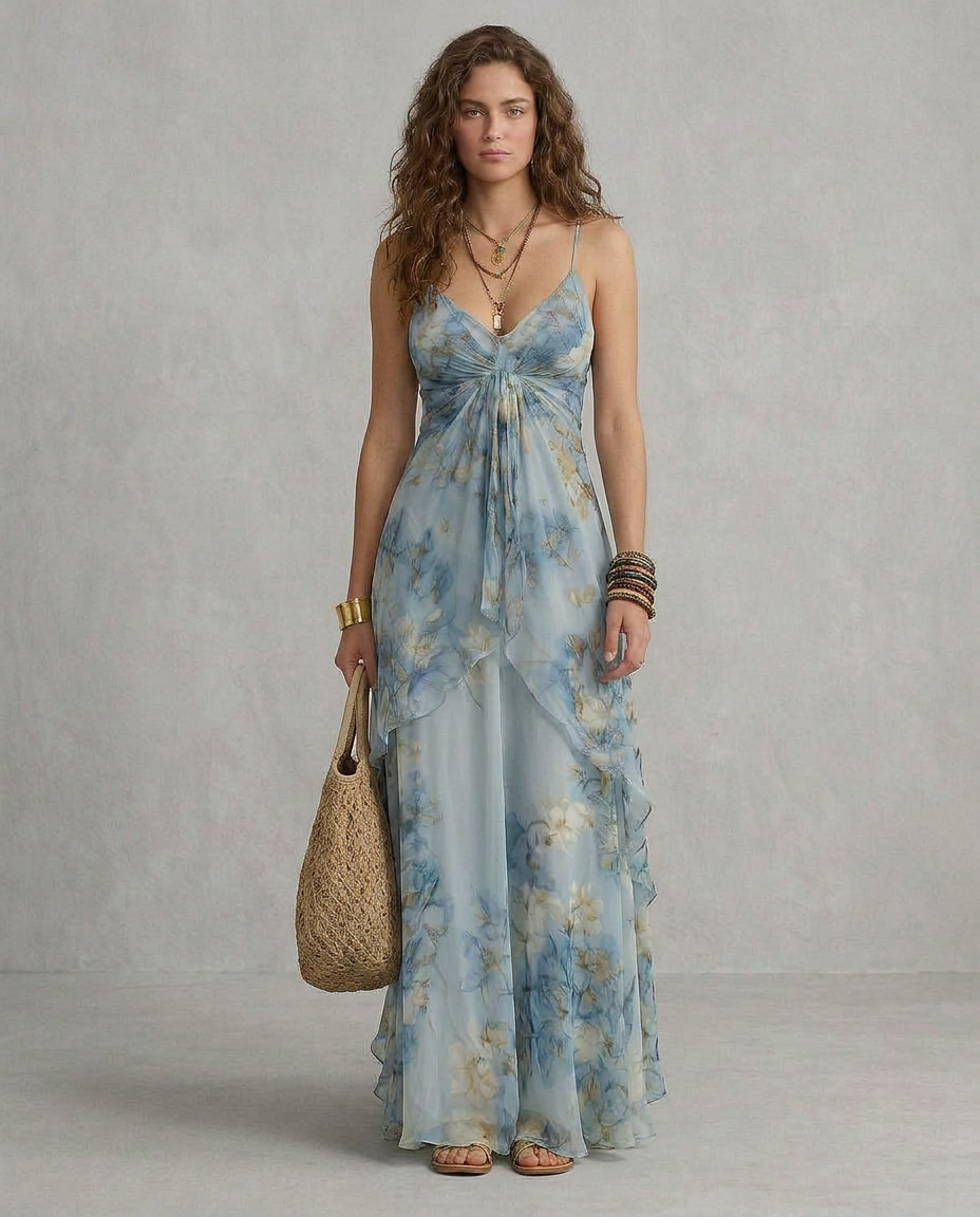 ELISA | Abito Maxi Floreale Azzurro - Eleganza e Stile per Ogni Occasione!