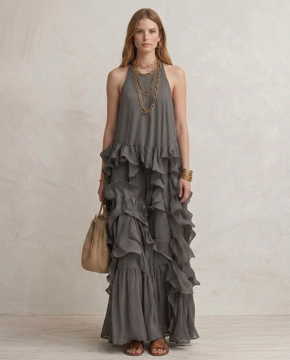 SERENA | Maxi Abito Grigio con Balze - Eleganza e Stile per Ogni Occasione!