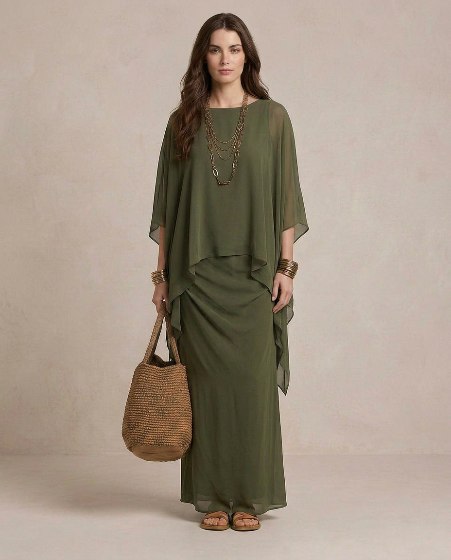 LIA | Maxi Abito Sovrapposto Verde Oliva - Eleganza e Stile Unici!