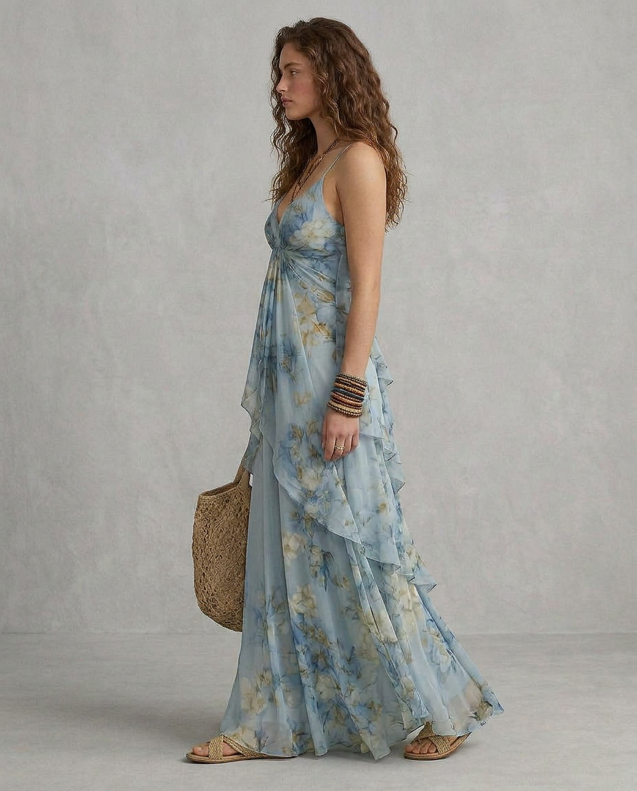 ELISA | Abito Maxi Floreale Azzurro - Eleganza e Stile per Ogni Occasione!