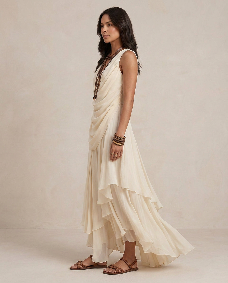 CLARA | Maxi Abito Crema con Balze Eleganti