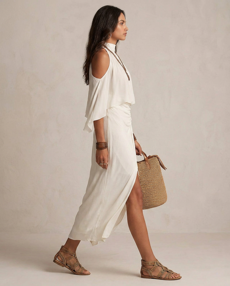 VALENTINA | Abito Midi Halter Drappeggiato in Avorio - Eleganza senza Tempo