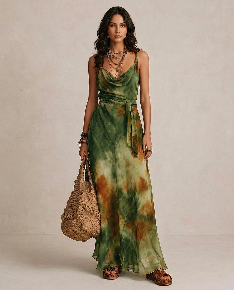 ELIRA | Maxi Abito Astratto Verde - Eleganza Unica per Ogni Occasione!