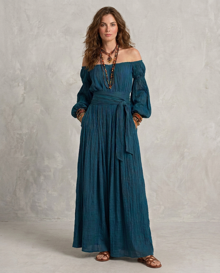 ARIANA | Maxi Abito Teal con Spalle Scoperte - Eleganza e Stile Unici!